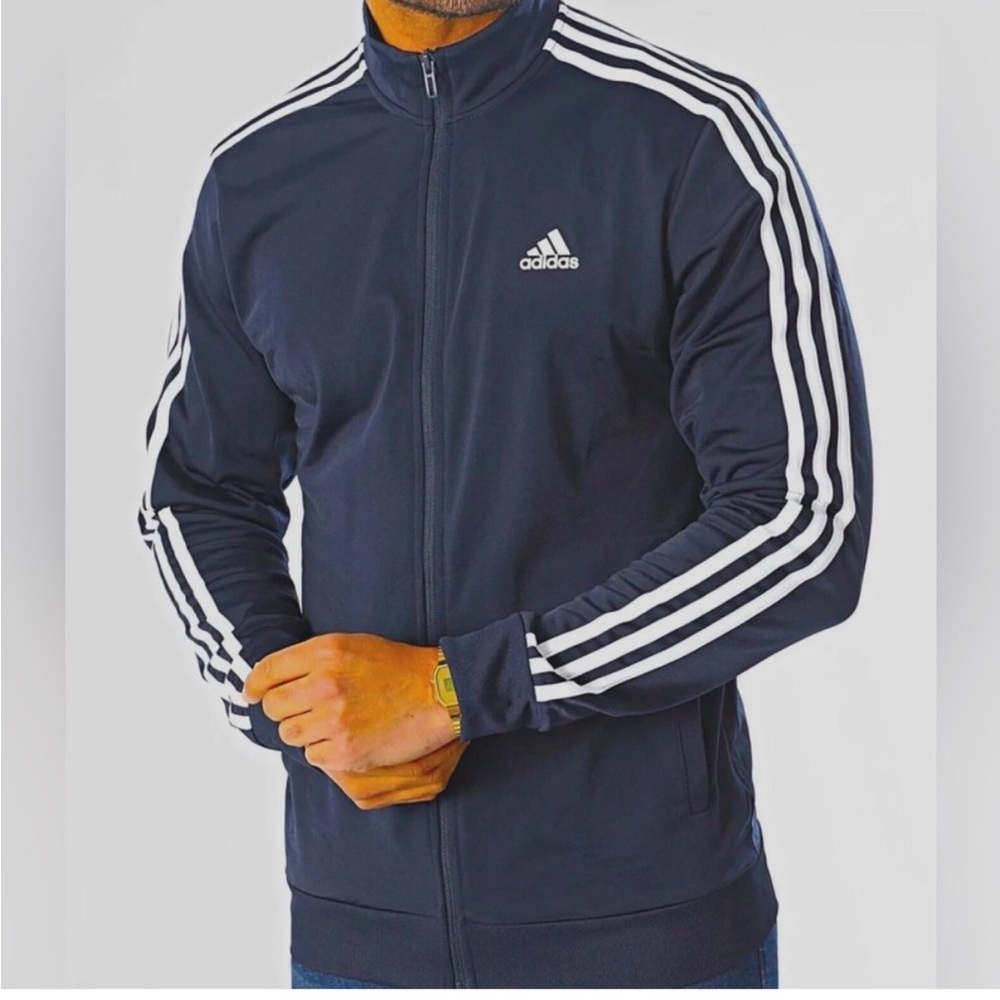 Adidas Men's Medium Dark Navy Zip Up Track Jacket with White Stripes